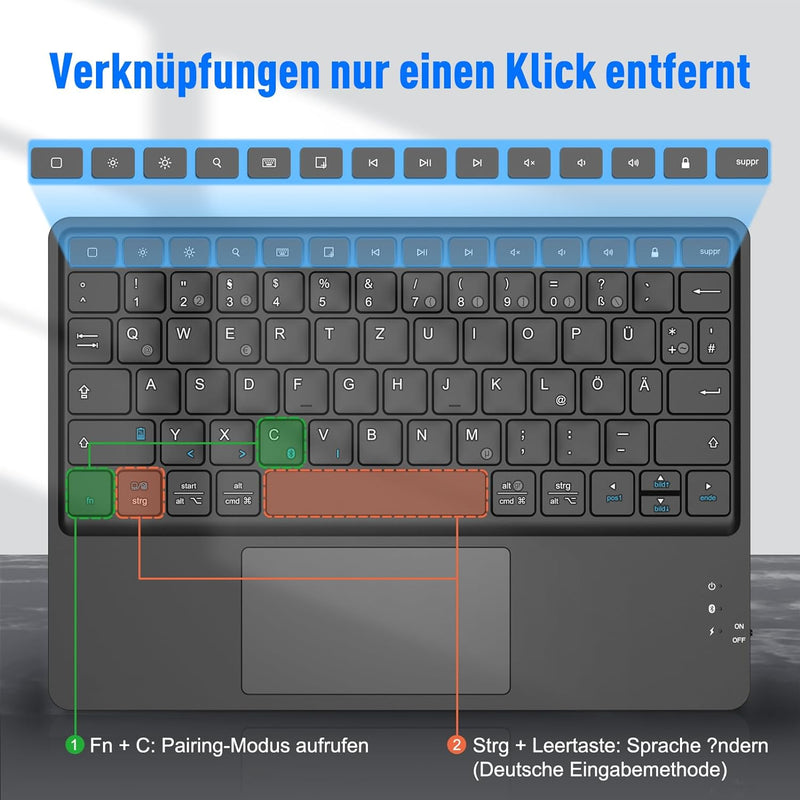 Fintie Kabellose Bluetooth Tastatur mit Touchpad, Deutsch Layout für iPad, Samsung, Lenovo Tablets,