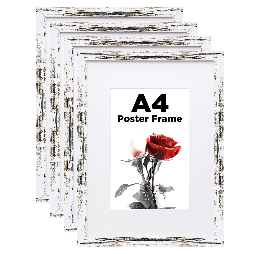 Egofine Bilderrahmen A4,Holzrahmen mit Acrylglas, MDF-Rahmen 4er-Set, Passepartout für Fotos A5,Zert