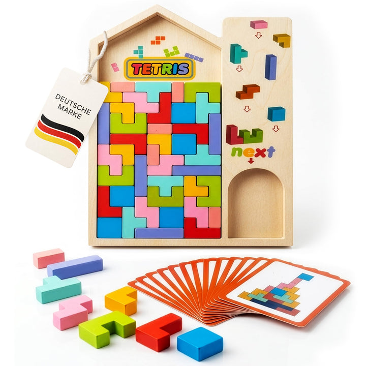 Tetris Holzpuzzle inklusive 10 doppelseitig gedrückte Karten zum Nachmachen– Stapelsteine - Montesso