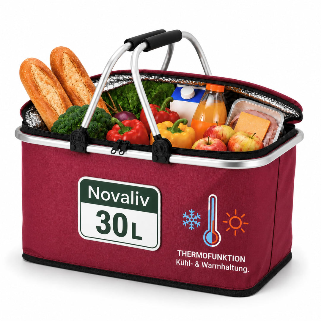 Novaliv Einkaufskorb faltbar Thermokorb mit Kühlfunktion 30 Liter WEINROT Isolierkorb mit gepolstert