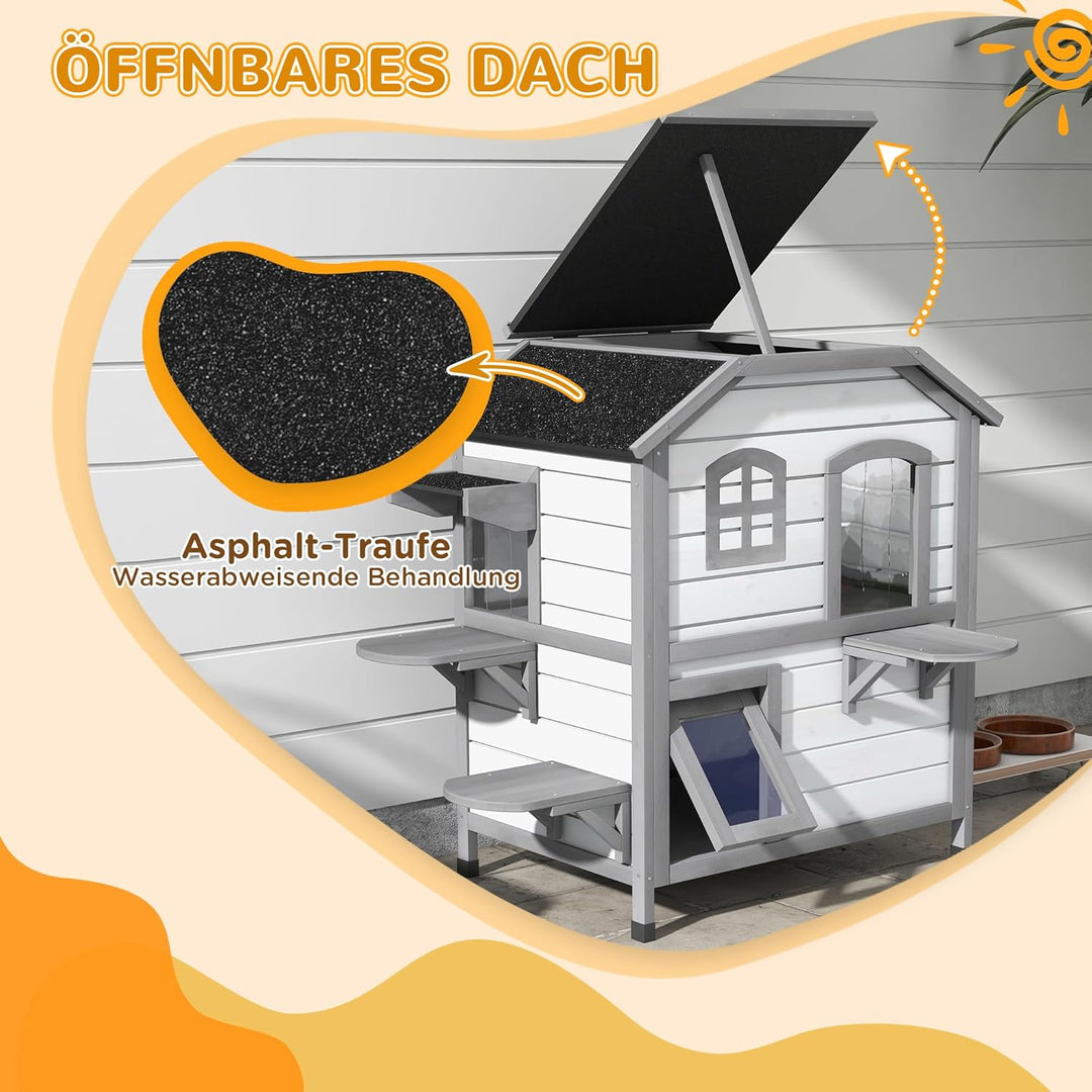 PawHut Katzenhaus aus Holz 2-Etagen Winterfest wasserdicht Katzenhütte mit Asphaltdach klappbarem De