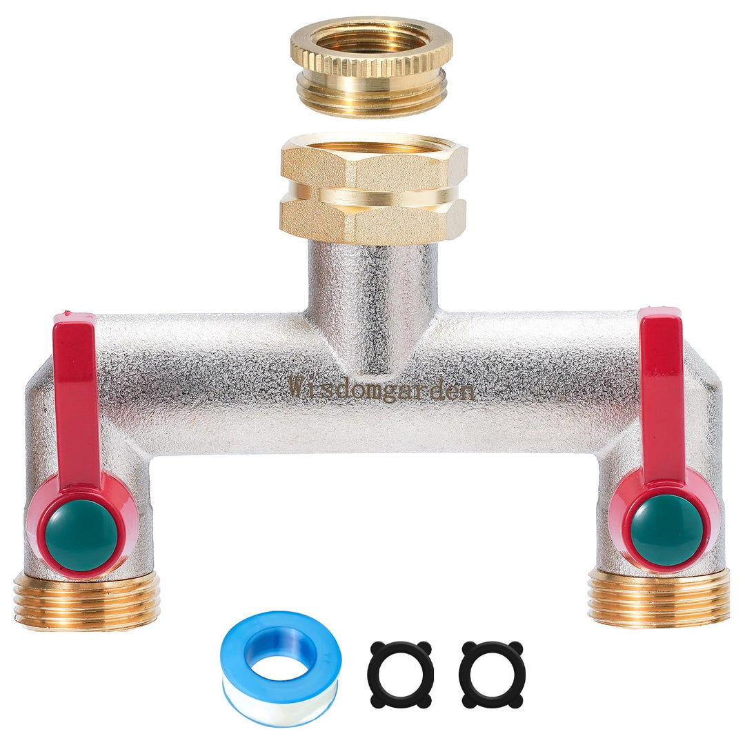 Wisdomgarden Wasserverteiler 2fach, Schwere Vernickelt Messing gartenschlauch verteiler, 2 wege vert