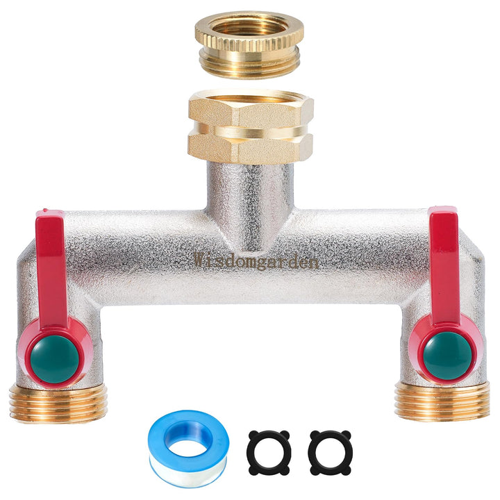 Wisdomgarden Wasserverteiler 2fach, Schwere Vernickelt Messing gartenschlauch verteiler, 2 wege vert