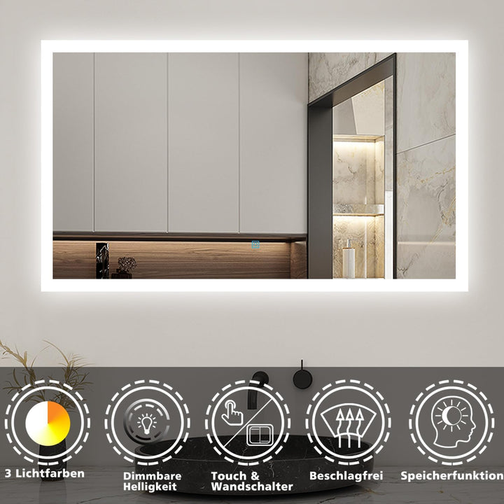 60x50cm LED Badspiegel mit Wandschalter/Touchschalter,Badspiegel mit Beleuchtung,Beschlagfrei,Badezi