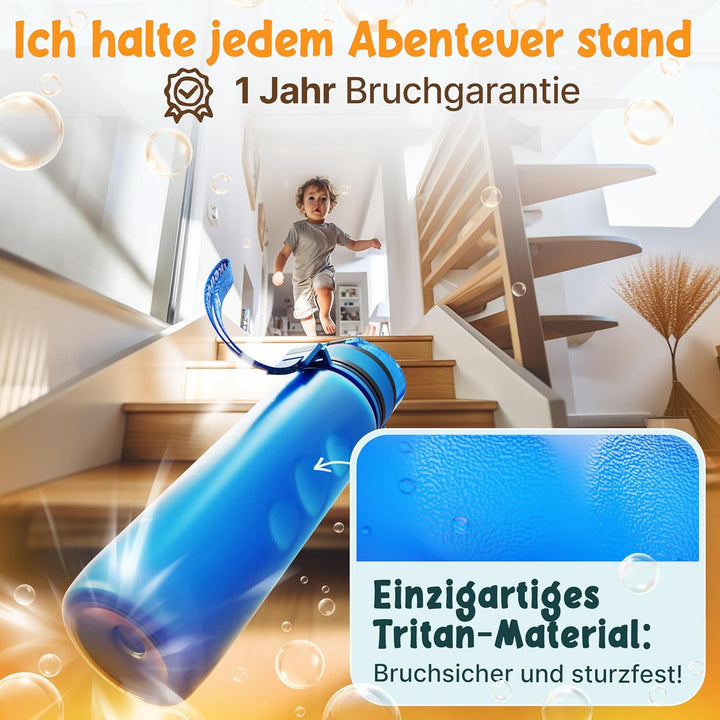 Funkelfuchs® - Trinkflasche für Kinder – 500ml, Blau – Kohlensäure geeignet - 100% auslaufsicher - W