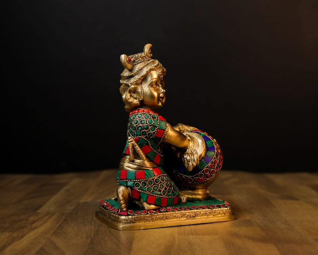 SHIVAJI ARTS Baby Krishna Ladu Gopal Statue, Messing, Steinarbeit, mehrfarbig, 19 cm, 1 Stück