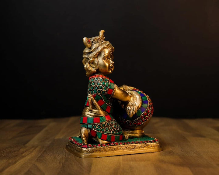 SHIVAJI ARTS Baby Krishna Ladu Gopal Statue, Messing, Steinarbeit, mehrfarbig, 19 cm, 1 Stück
