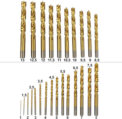 S&R Holzbohrer-Set, Dübelbohrer-Satz 25-tlg 1-13 mm, Industriequalität, HSS-G 4241 Stahl, TiN-Beschi