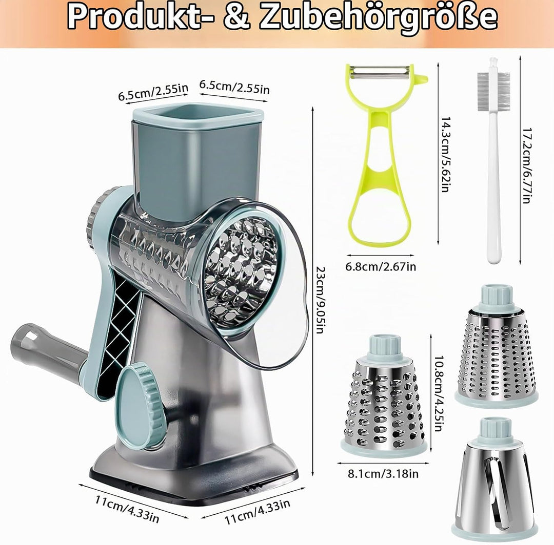 Cheese Grater, Käsereibe mit Kurbel, Trommelreibe, Gemüsehobel Reibe mit 3 Trommelklingen, manuell r