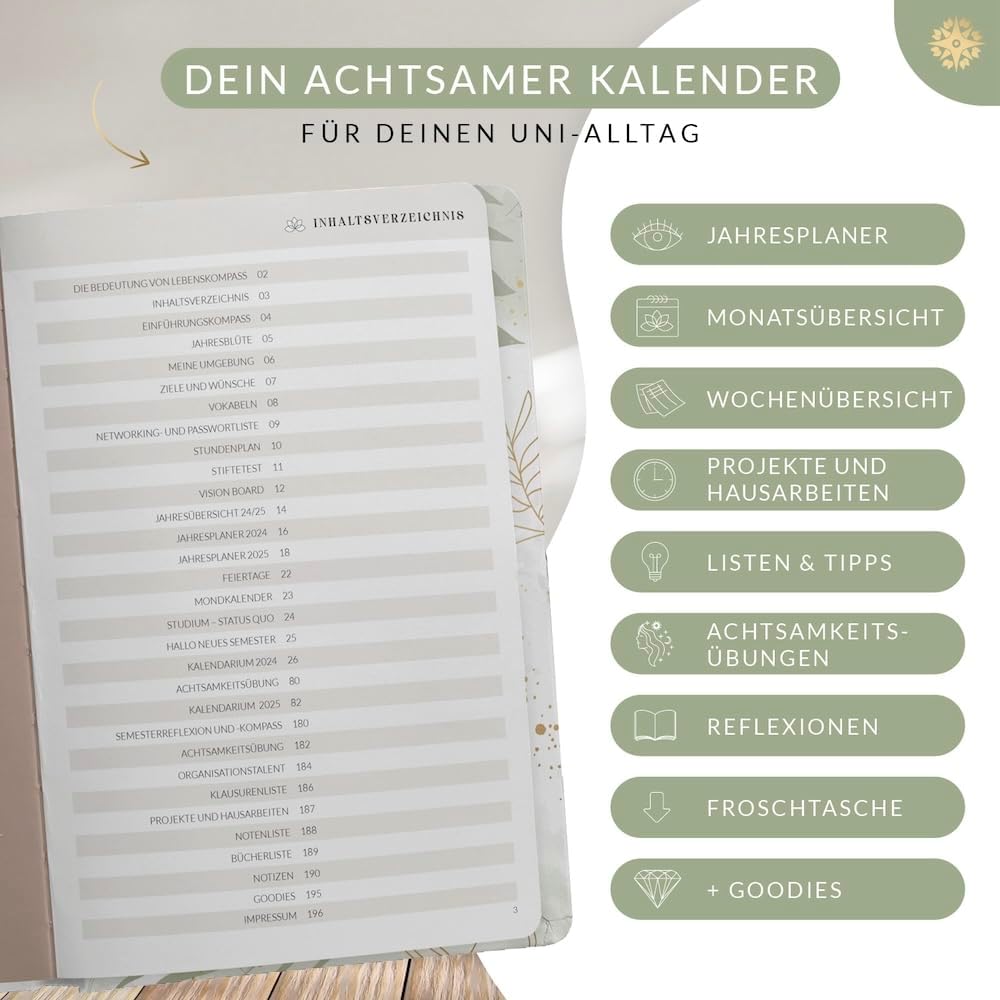 Lebenskompass Studienplaner 2024 2025 A5 ”BOTANICAL” - Schöner Semesterplaner für Uni - Terminplaner