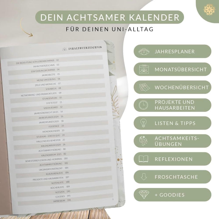 Lebenskompass Studienplaner 2024 2025 A5 ”BOTANICAL” - Schöner Semesterplaner für Uni - Terminplaner
