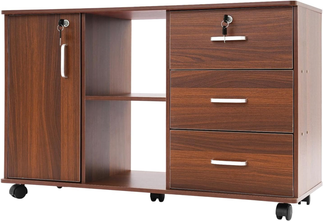 90x34x59cm Büroschrank Aktenschrank mit 5 Rollen (2 mit Bremsen), Rollcontainer mit 1* Abschliessbar