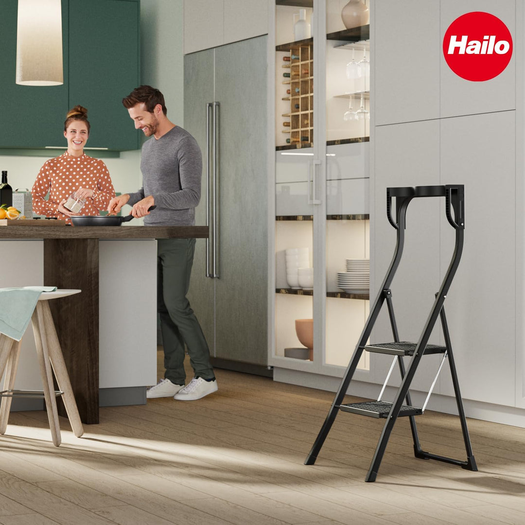 Hailo K77 ComfortLine Klapptritt - 2-stufige Trittleiter aus Stahl mit Sicherheitsbügel und Ablagesc