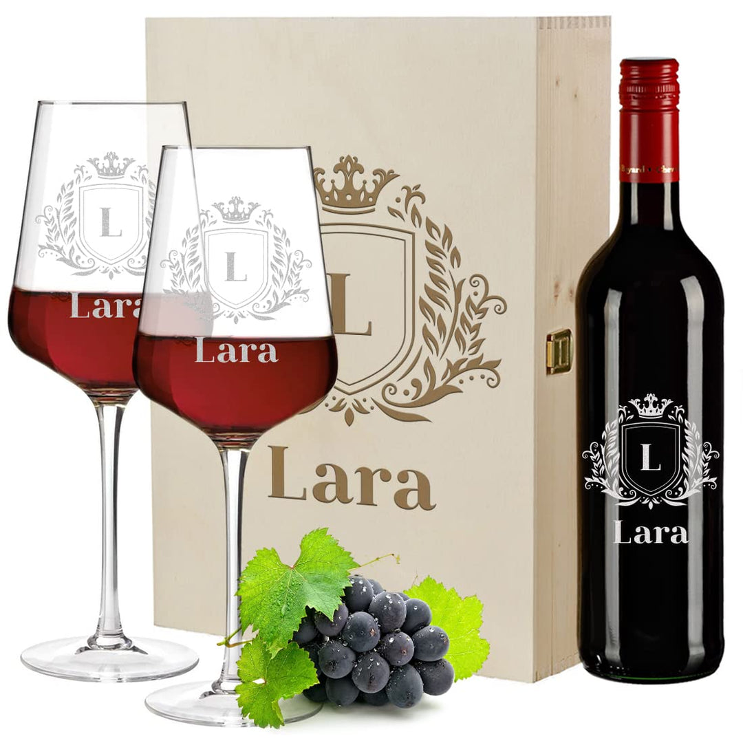 4-TLG Wein Geschenkset mit Wunschgravur - Motiv Wappen - personalisiert - 2X Weingläser 560 ml, 1x H