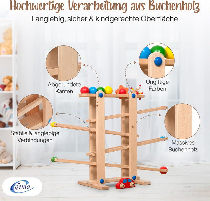 Coemo Kugelbahn Holz 7 Mobile Teile Murmelbahn ab 1 Jahr Motorikspielzeug Lernspielzeug für Babys