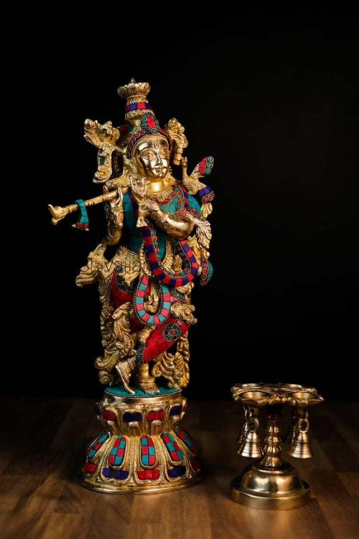 SHIVAJI ARTS Krishna Statue, gross, aus Messing, 45 cm, Lord Krishna Skulptur für Zuhause, Altar, Te