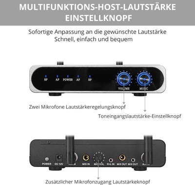 PROZOR Dual Drahtloses Mikrofon Abstimmbares UHF mit Bluetooth Wiederaufladbares Mikrofon Kabelloses