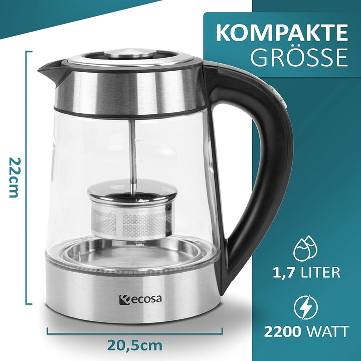 Glas Wasserkocher mit Teesieb und Kalkfilter | 1,7 Liter | Temperatureinstellung 40°C-100°C | 2200 W