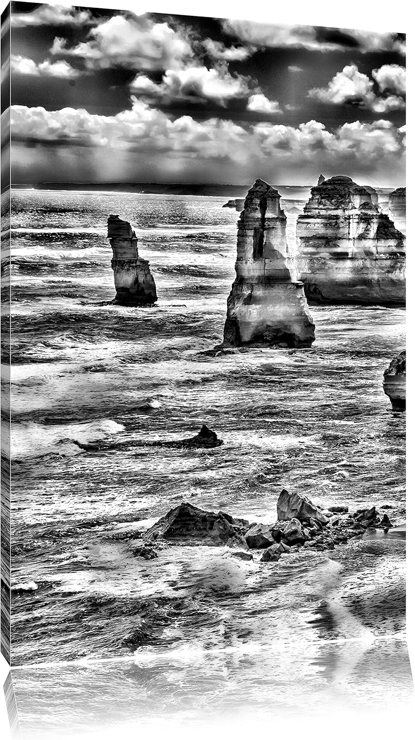 Pixxprint Monocrome, Meer klippe küste Sonnenaufgang Steine Strand, Format: 100x70 auf Leinwand, XXL