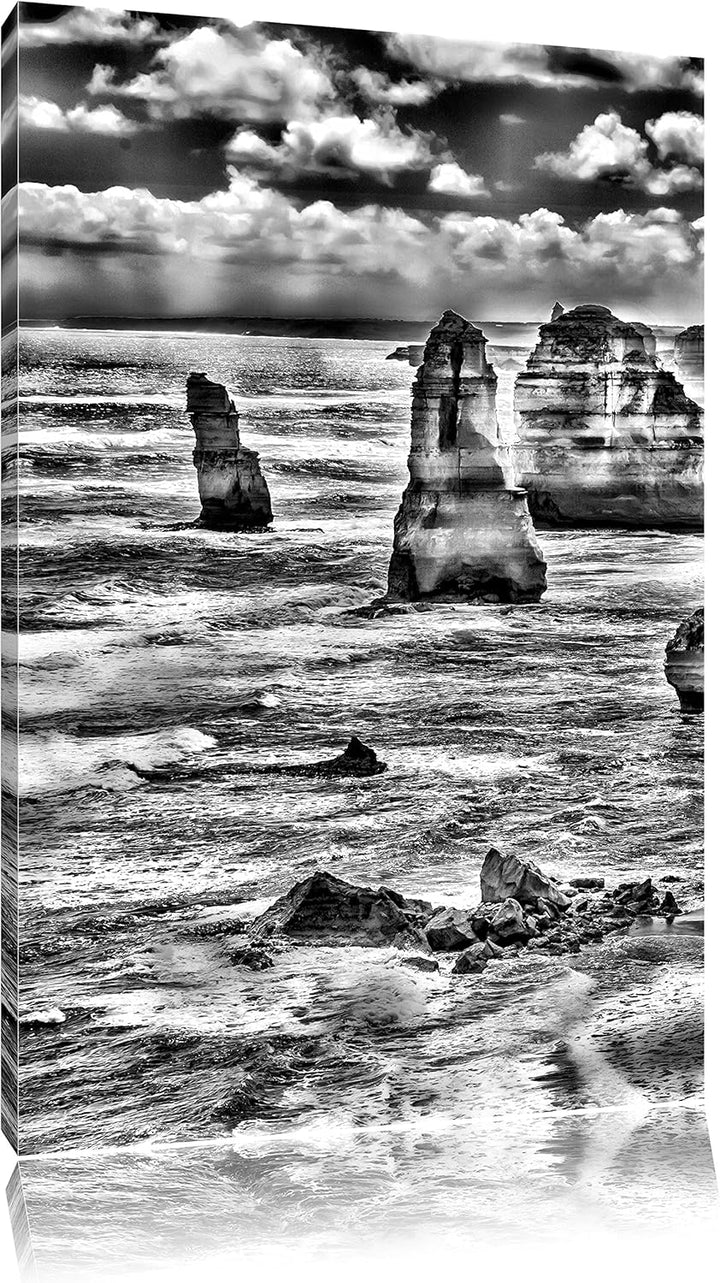 Pixxprint Monocrome, Meer klippe küste Sonnenaufgang Steine Strand, Format: 100x70 auf Leinwand, XXL