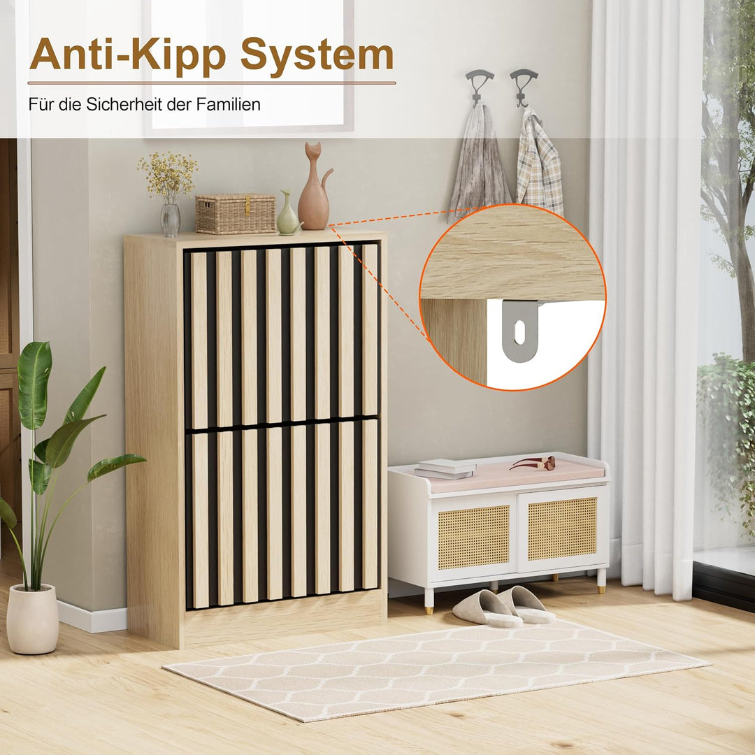 UEV Schuhschrank mit 2 Klappen Holz, Schuhregal Schmal (Natur+Schwarz) | Schuhkipper mit Kippschutz
