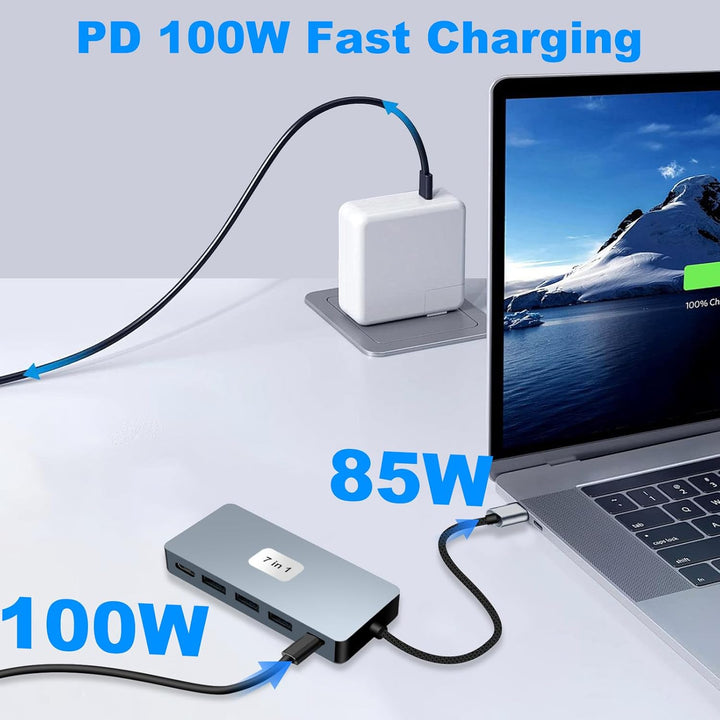 USB C Hub 2 HDMI 4K PD100W 4 USB A/C 3.0/2.0, 7 IN 1 Docking Station USB C Adapter Dockingstation La