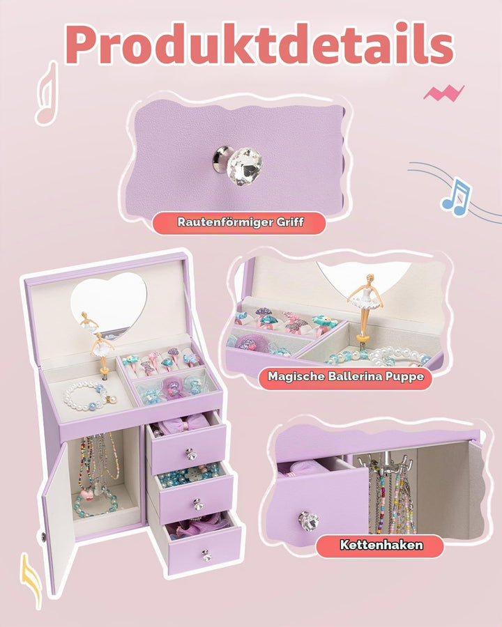 VLANDO Musical Schmuckkästchen Mädchen, grosses Kind Musik-Box mit Ballerina für Geburtstag Schlafzi