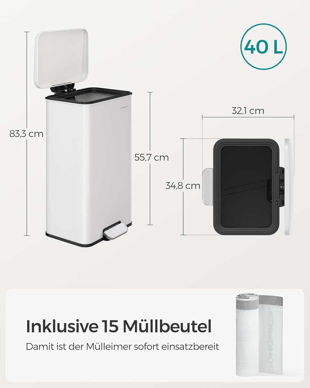 SONGMICS Mülleimer Küche, 40 Liter Abfalleimer, grosser Tretmülleimer, mit Deckel, aus Stahl, Softcl