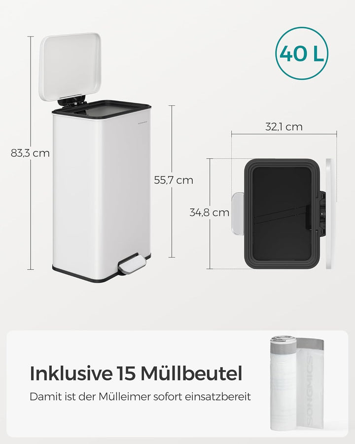 SONGMICS Mülleimer Küche, 40 Liter Abfalleimer, grosser Tretmülleimer, mit Deckel, aus Stahl, Softcl