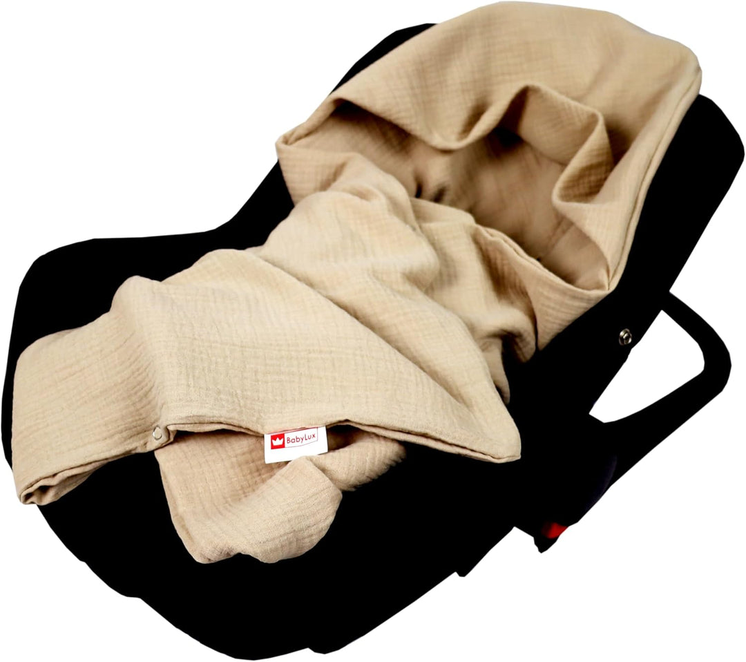 Babylux Musselin Einschlagdecke mit Kapuze – 90x90 cm – Sommer Babydecke für Autositz & Babyschale –