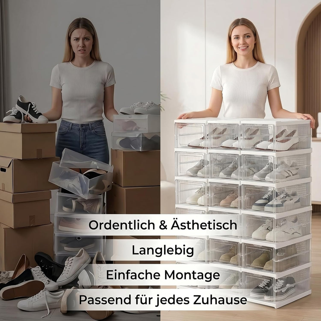 Schuhboxen Stapelbar, 18 Ebenen, Transparent, Faltbar, Dickem Kunststoff, für Sneaker bis Grösse 46,