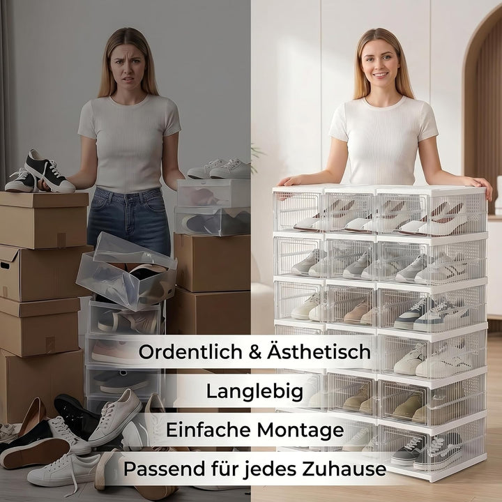 Schuhboxen Stapelbar, 18 Ebenen, Transparent, Faltbar, Dickem Kunststoff, für Sneaker bis Grösse 46,