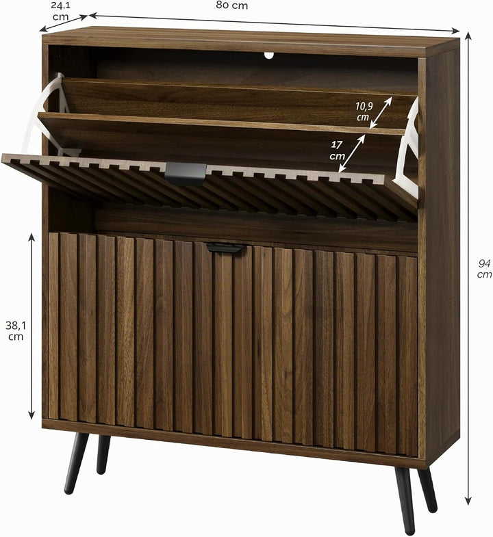 Smuxee Schuhschrank mit 2 Klappschubladen, 80 cm, Walnussholz, versteckter Schuhschrank mit geriffel