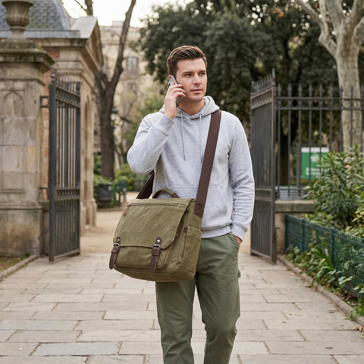 Herren Umhängetasche Gross Messenger Bag 14 zoll Laptoptasche für Herren mit Griff Vintage Schultert
