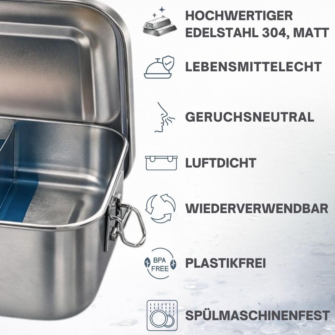 2x Premium Lunchbox 1400 ml aus Edelstahl – auslaufsichere Brotzeitbox mit 2 Trennwand & Dichtung –