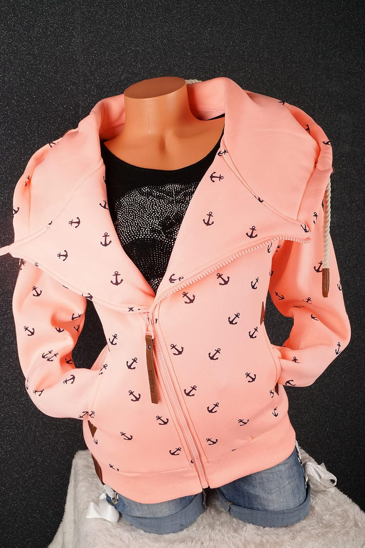 VIN TE Damen Sweat Jacke XXL Kapuze Hoodie Übergangsjacke Fleece gefüttert schräger Reissverschluss