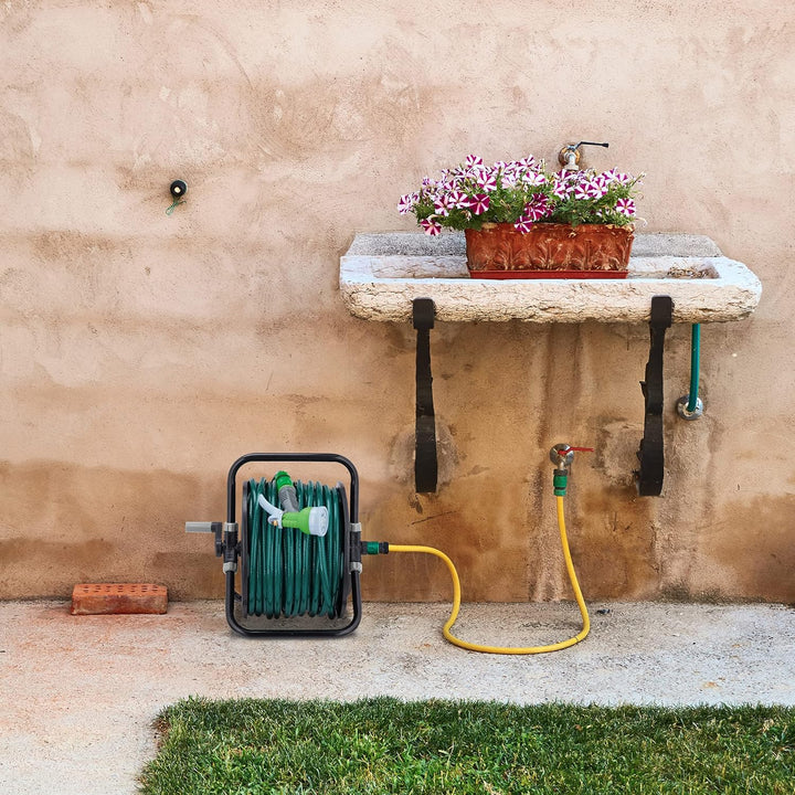 Relaxdays Schlauchtrommel, für 30 m 1/2" Schlauch, Stahl, Kunststoff, Schlauchhalter, HBT: 38 x 42 x