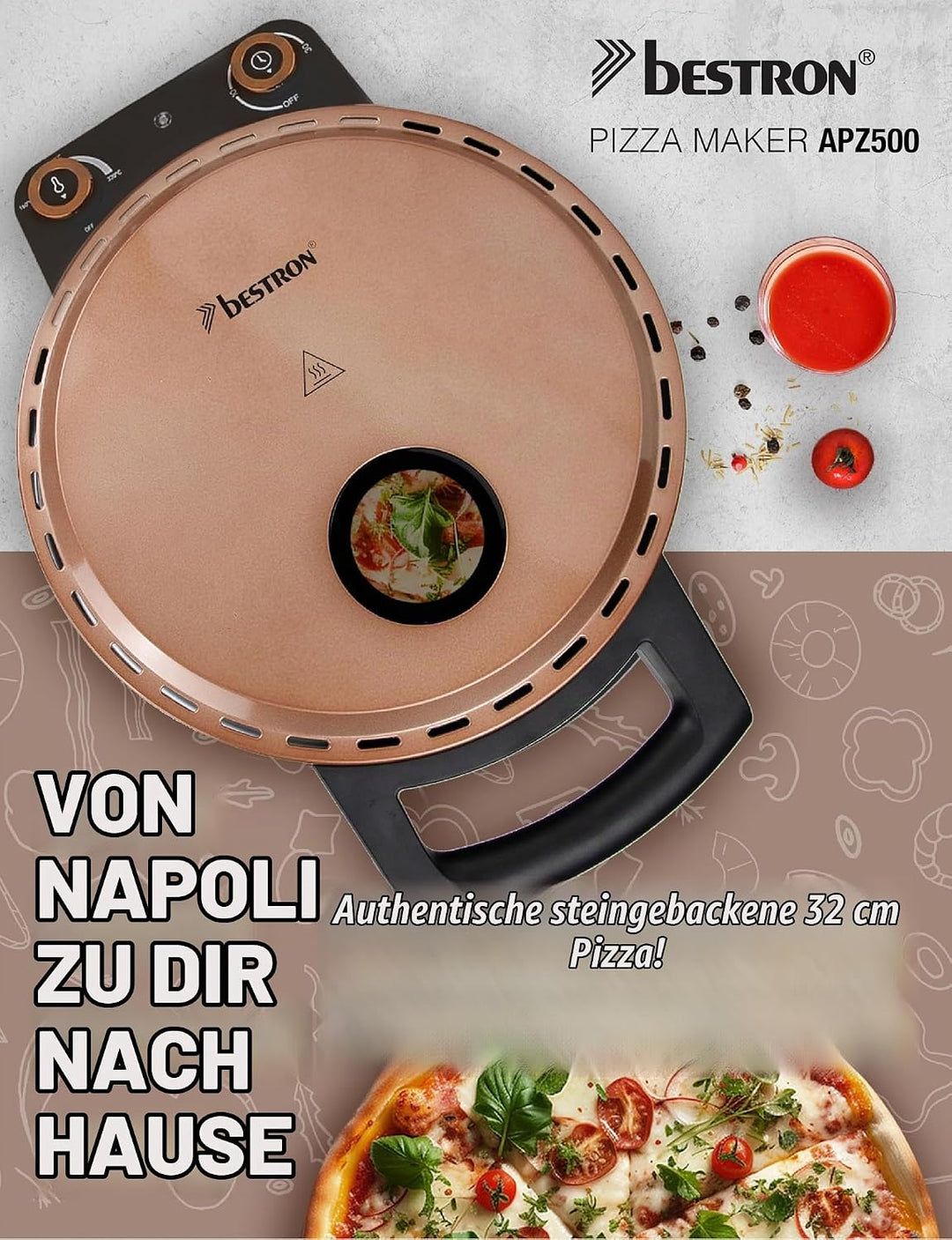 Bestron Pizzaofen für knusprige Pizzen in 5-10 Minuten, elektischer Pizzaofen mit bis zu echten 320°