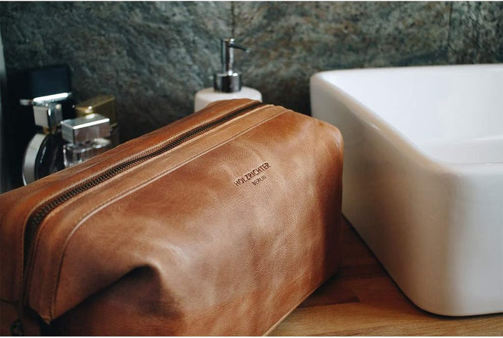 HOLZRICHTER Berlin Kulturbeutel No 5-2 (L) Camel - Grosse, hochwertige Kulturtasche handgefertigt au