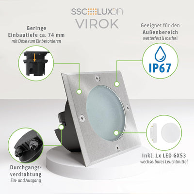 SSC-LUXon 3 Stück flacher LED Bodeneinbaustrahler VIROK - inkl. GX53 4,5W LED neutralweiss 230V - Bo