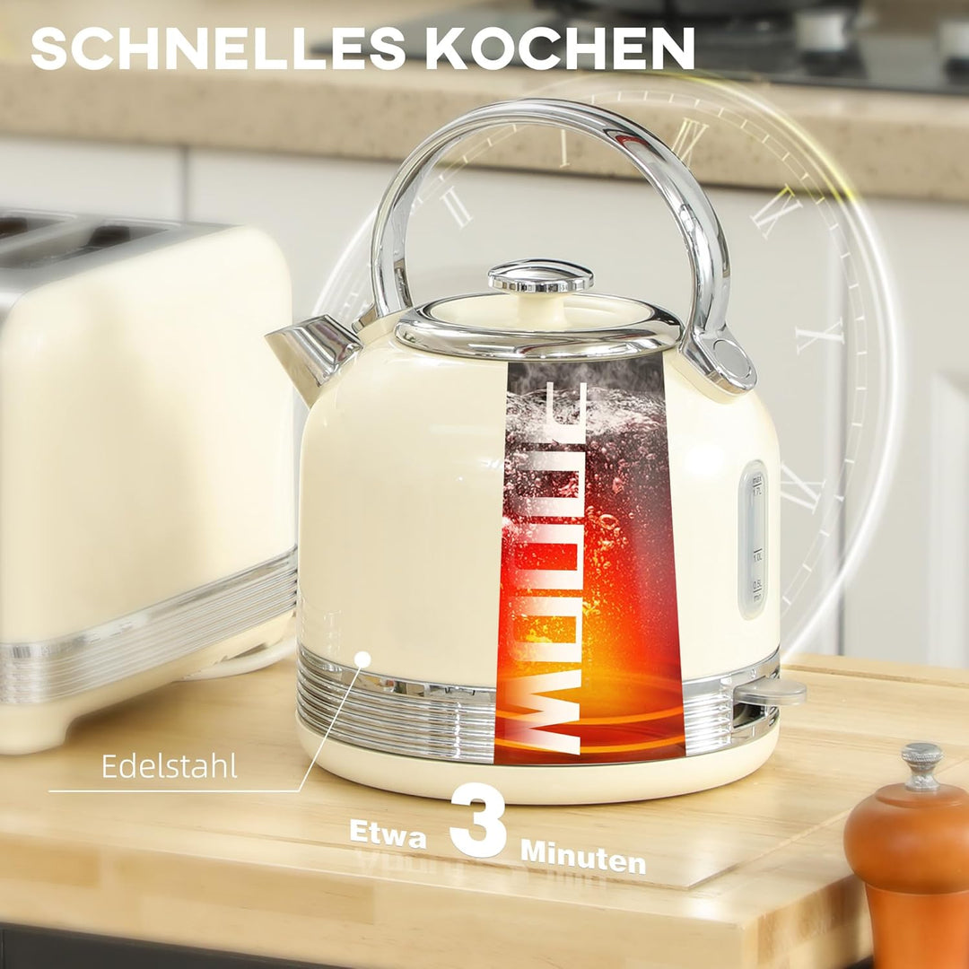 HOMCOM Set aus Wasserkocher und Toaster 2200 W, Edelstahl-Wasserkocher 1,7 L mit Isolierung und 4-Sc
