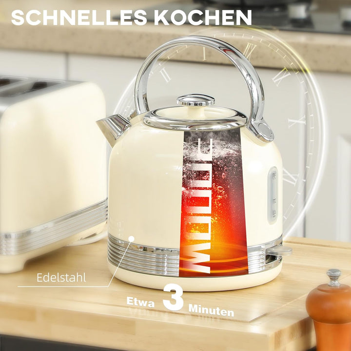HOMCOM Set aus Wasserkocher und Toaster 2200 W, Edelstahl-Wasserkocher 1,7 L mit Isolierung und 4-Sc