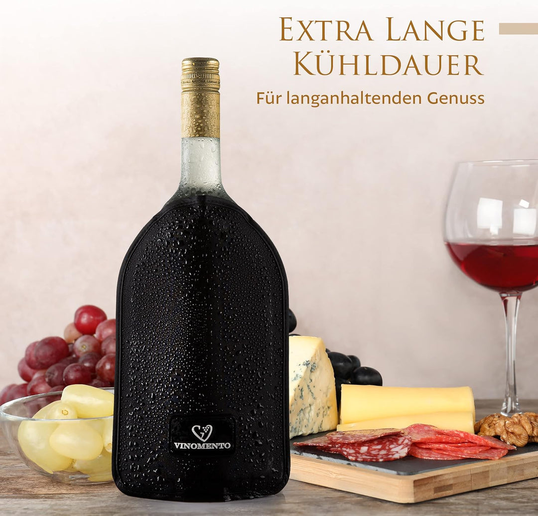 Kühlmanschette Wein mit Flaschensicherung, schwarze Flaschenkühler Manschette, Weinkühler Manschette