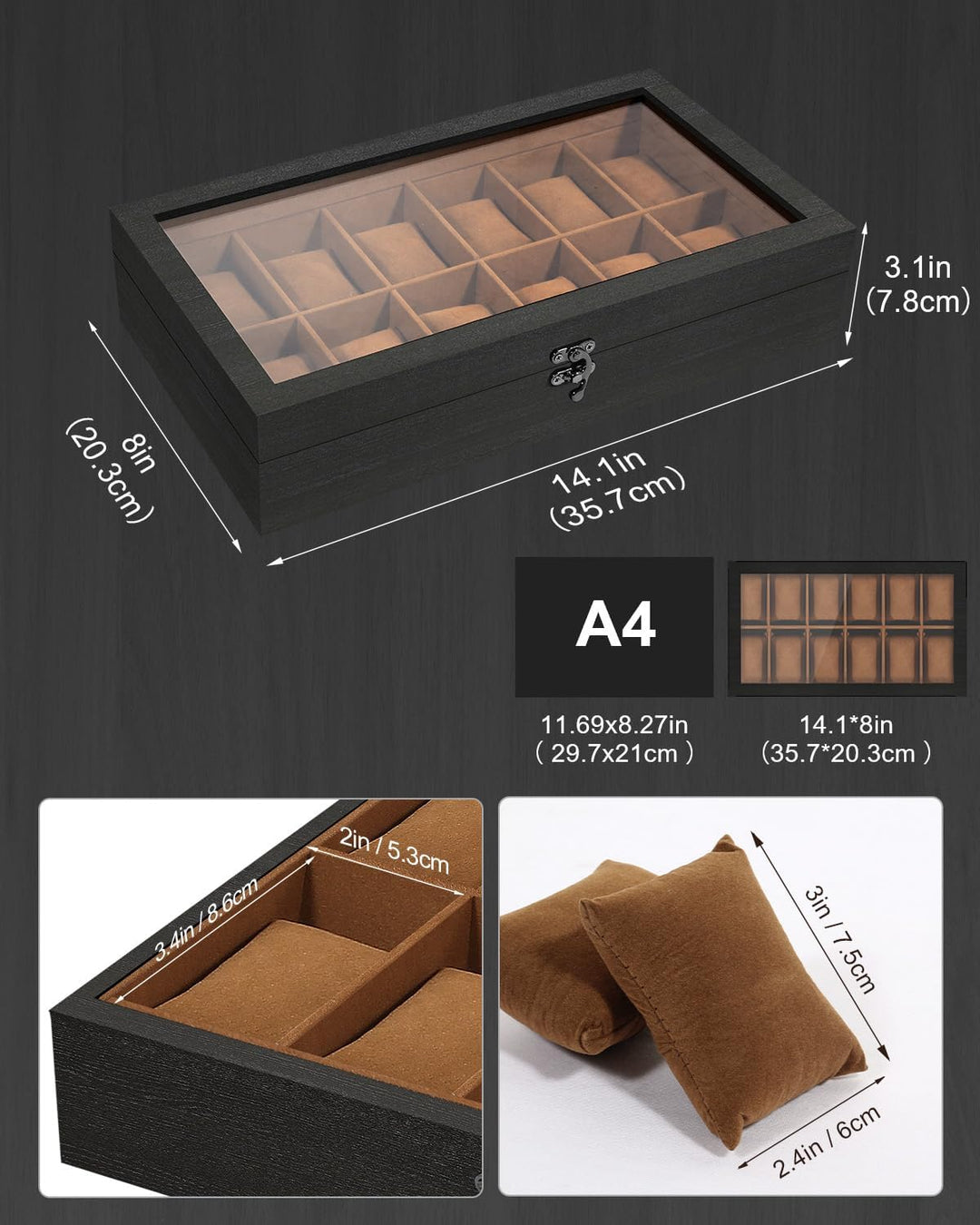 Uten Uhrenbox mit 12 Fächern, Uhrenbox aus Massivholz mit Glasabdeckung, Aufbewahrungsbox für Herren