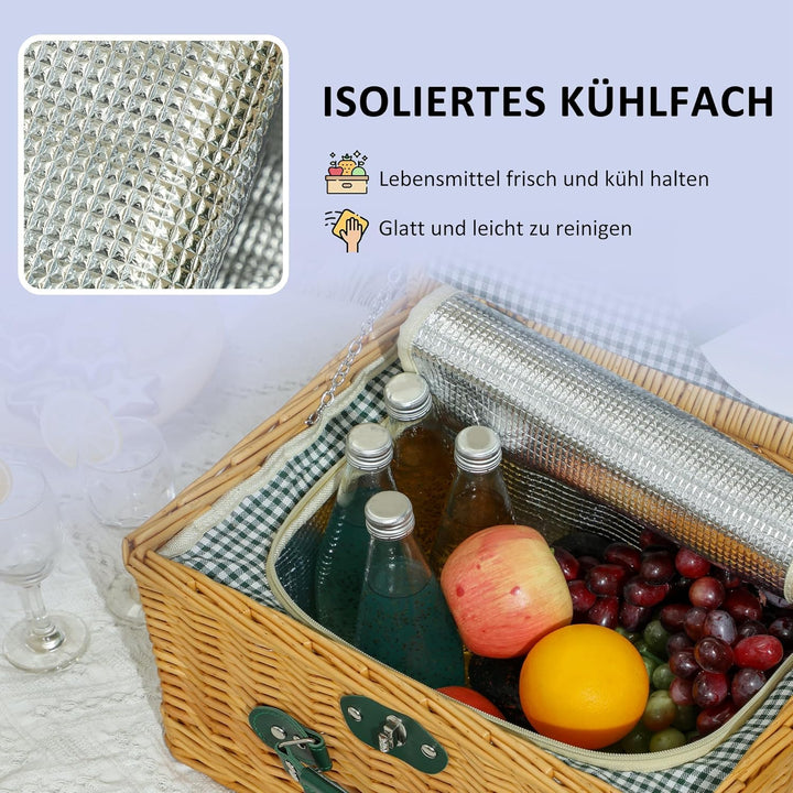 Outsunny Picknickkorb aus Weidenholz Besteck Set mit Isoliert Kühlfach für 2 Personen Picknick Set,