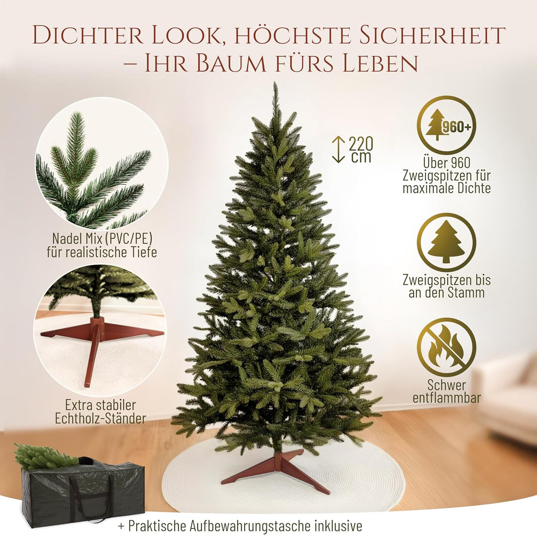 Premium Weihnachtsbaum künstlich 220cm -TESTSIEGER - Naturgetreu, dichte Zweige, Künstlicher Weihnac