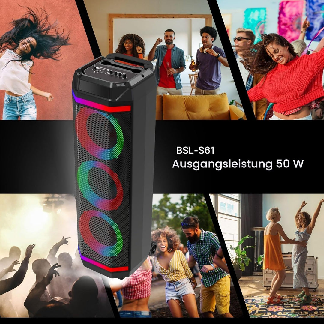 Bluetooth-Lautsprecher BSL-S61 mit Beleuchtung an den Lautsprechern | 3 Lautsprecher mit 8 Zoll | 50