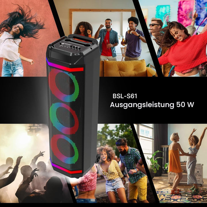 Bluetooth-Lautsprecher BSL-S61 mit Beleuchtung an den Lautsprechern | 3 Lautsprecher mit 8 Zoll | 50