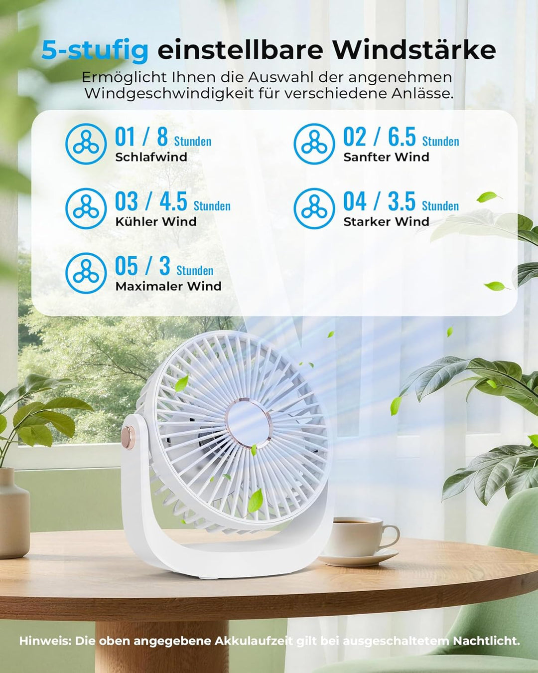Ventilator Leise - Tischventilator mit Nachtlicht，3000mAh USB Wiederaufladbarer Kleiner Ventilator,