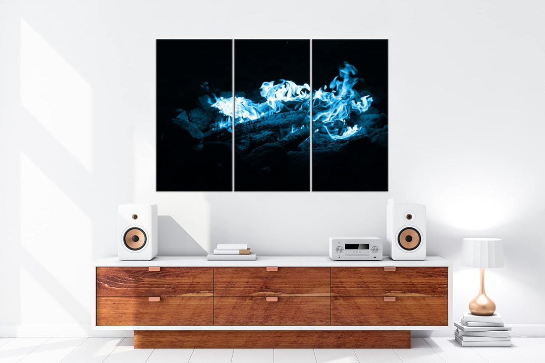 deyoli Dark heisses Lagerfeuer bei Nacht Format 120x80 3Teilig Effekt: Monocrome Blau als Leinwandbi